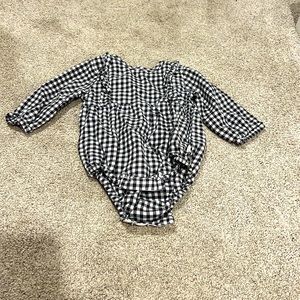 Firsts by Petit Lem, grey and white checkered onesie with ruffle trim!